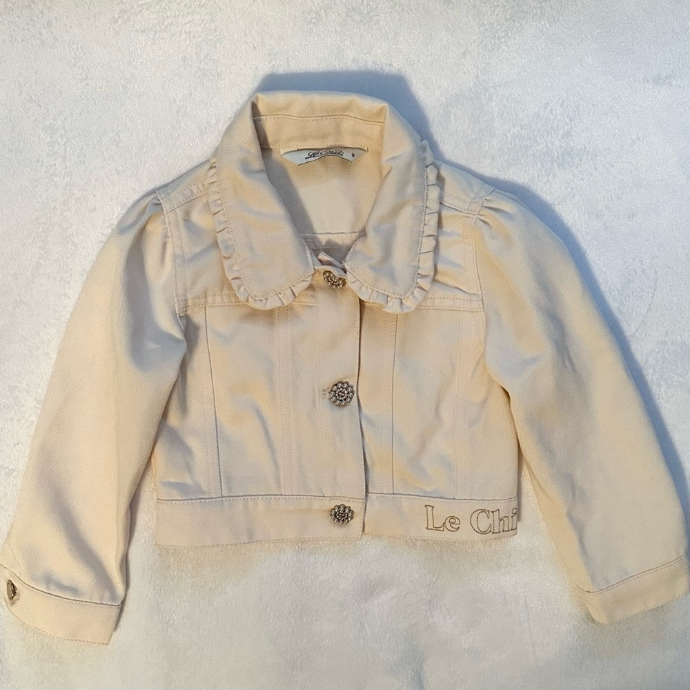 Le Chic Girls Ivory Denim Jacket Toddler 3T ornate pearl buttons ruffle collar
